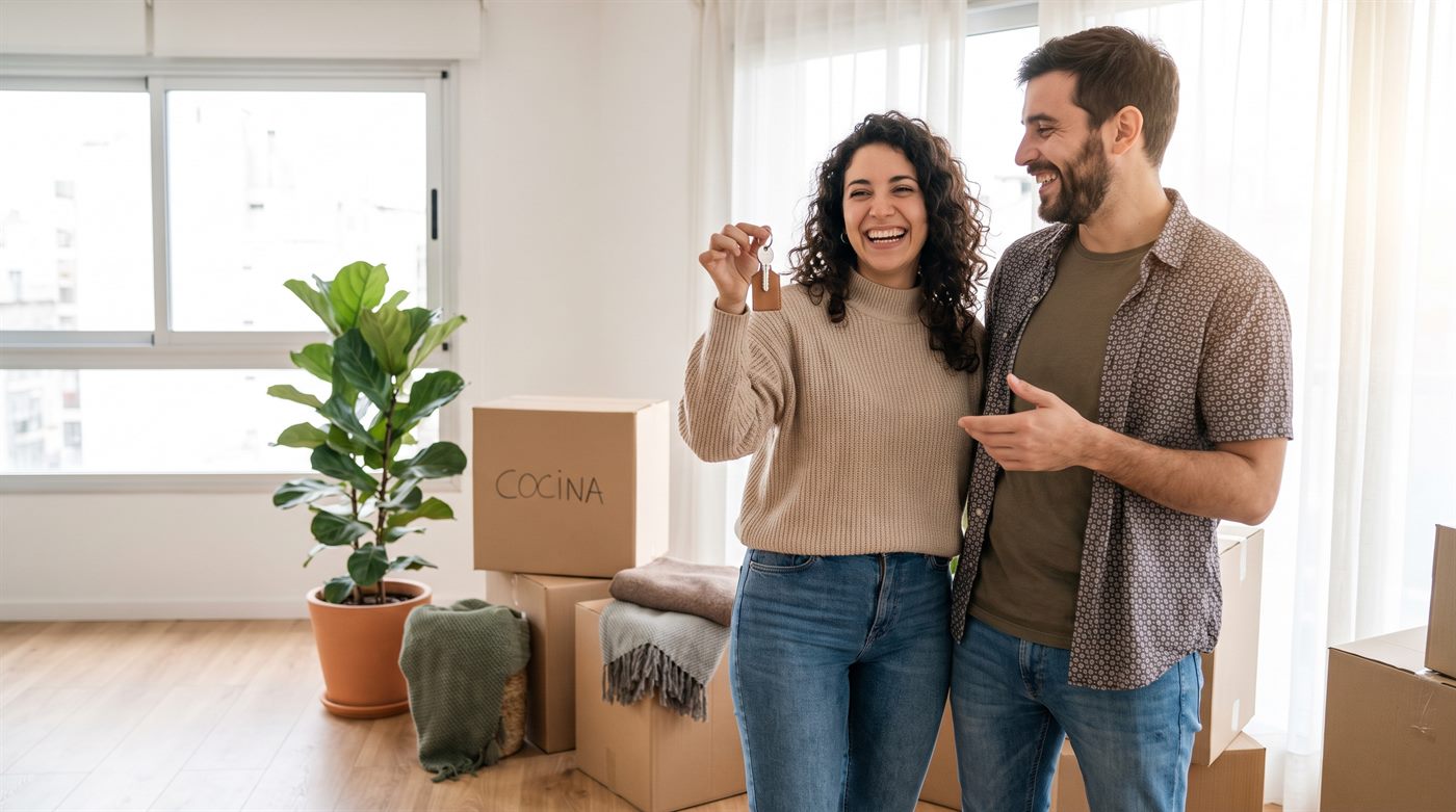 Pareja joven recibiendo las llaves de su primera vivienda
