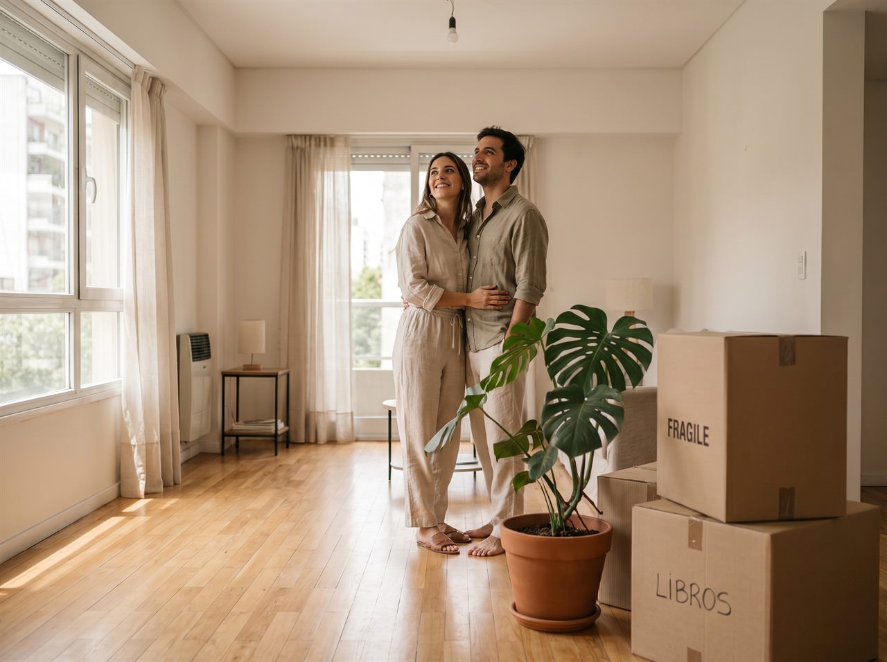 Pareja joven en su primera vivienda, rodeada de cajas de mudanza